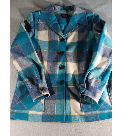 Pendleton Women Wool Plaid Jacket Blue Teal Check Blazer Medium USA Made Vintage - Picture 1 of 10